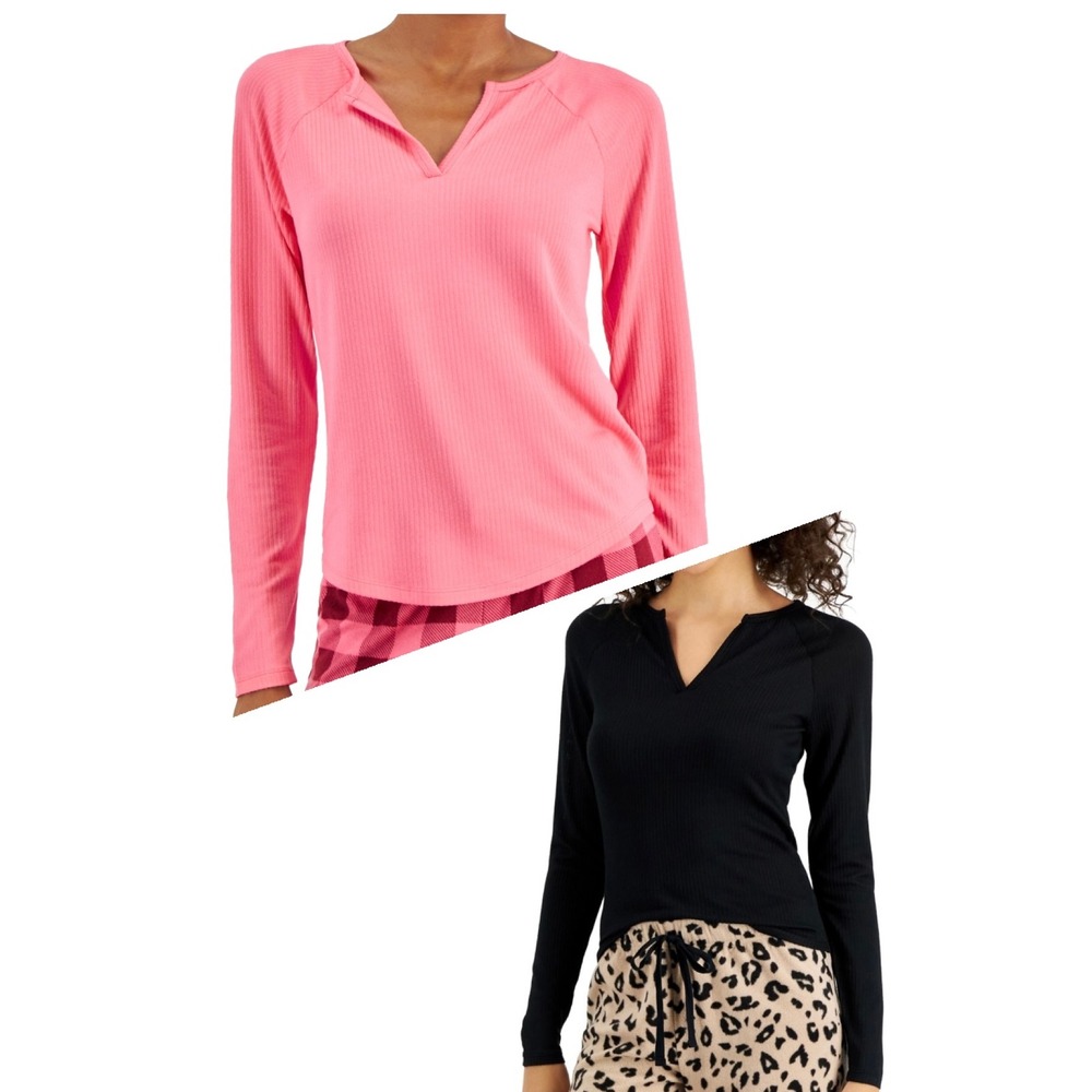 Jenni Women's Split-Neck Pajama Top Bundle of 2 - Black - Pink - Size Small